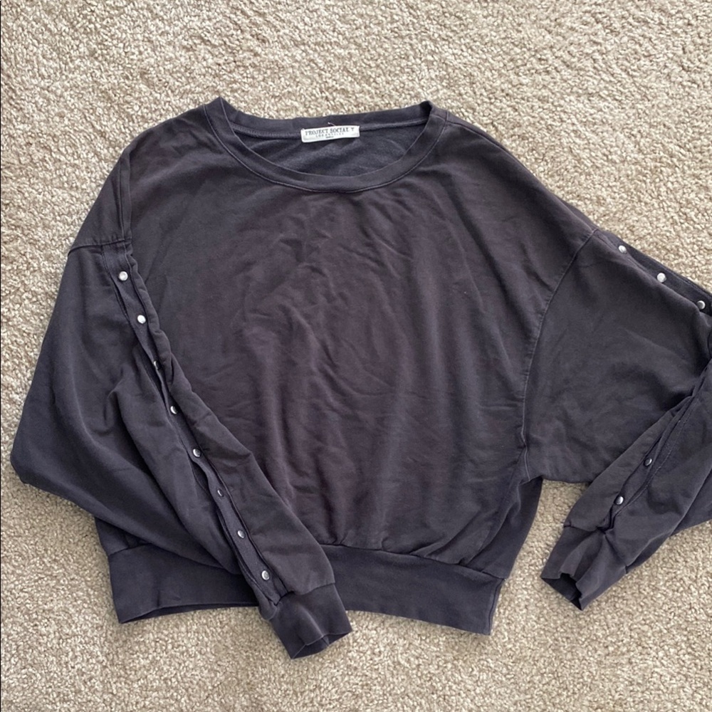 Project Social T Black Button Sleeve Sweatshirt Women’s Cropped Pullover Basic